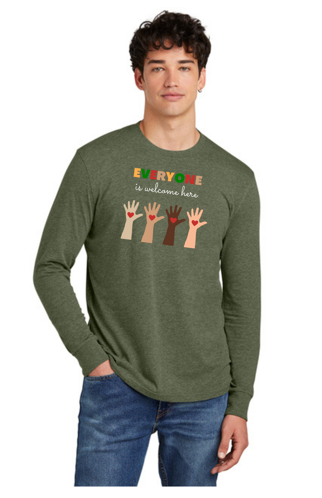 ADULT Long Sleeve Shirt (Heathered Olive) - Everyone Is Welcome Here